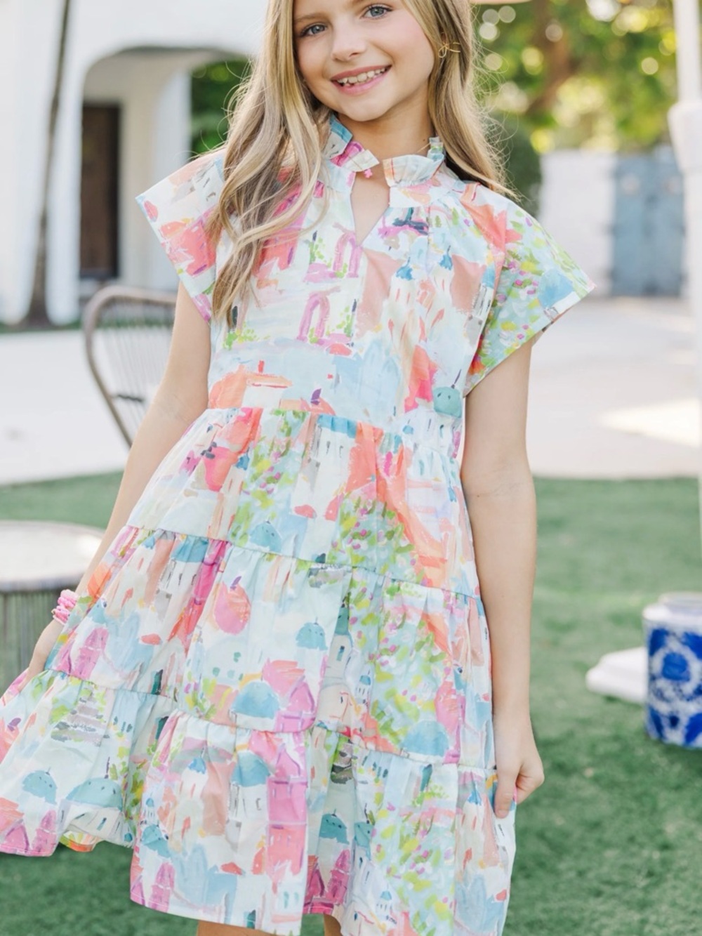 Girls' Multicolor Watercolor Print Tiered Dress